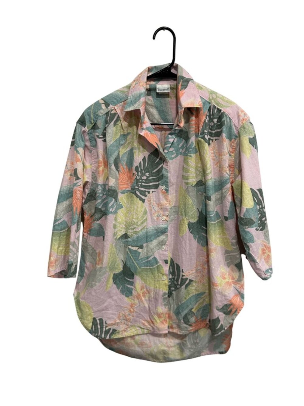 Courtwell Small Tropical Floral Button-Up 3/4 Sleeve Cotton Shirt Boho